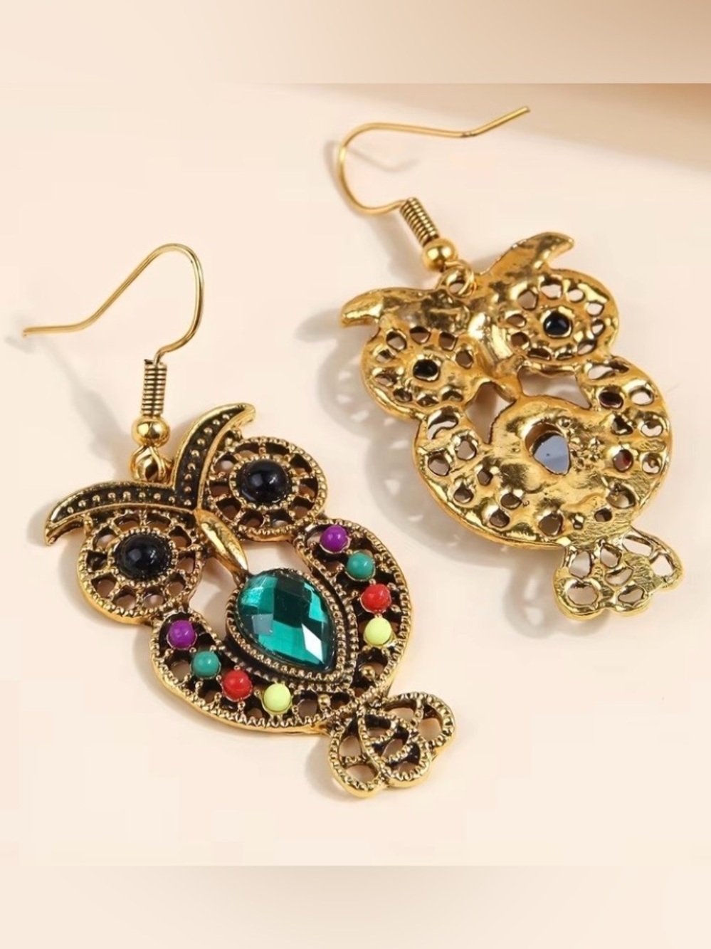 NEW! Gold-Tone Owl Drop Earrings with Emerald Green Gemstones. A0-4 - Picture 3 of 5